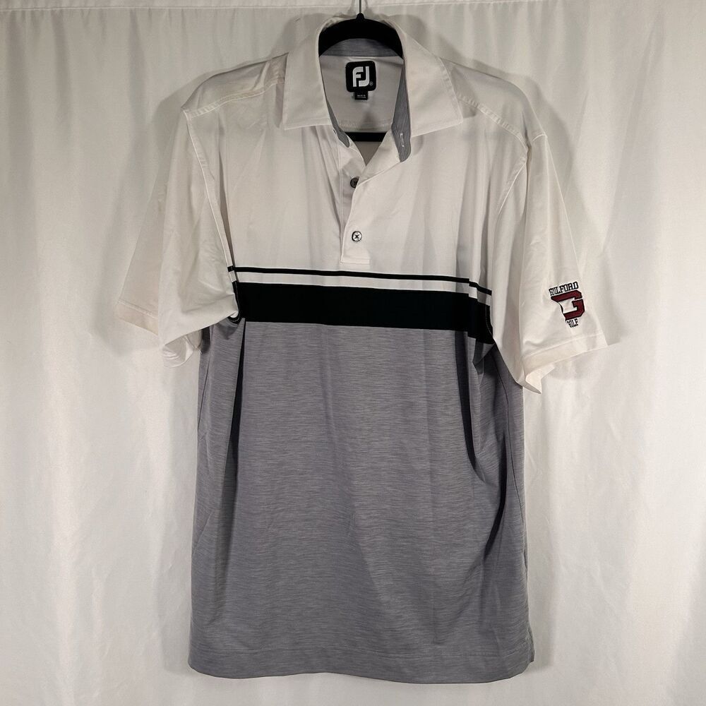 Footjoy Golf Polo Men's Medium White Grey Striped Short Sleeve Gulford Golf